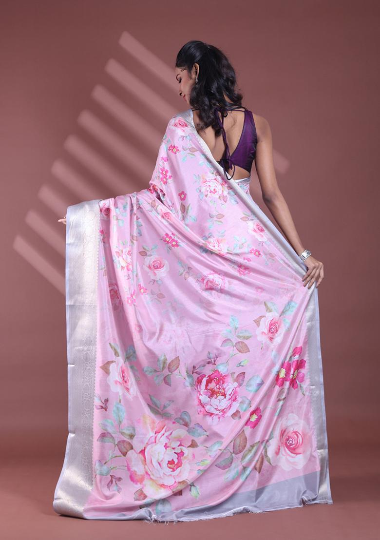 Pink Floral Print Soft Silk Saree Set