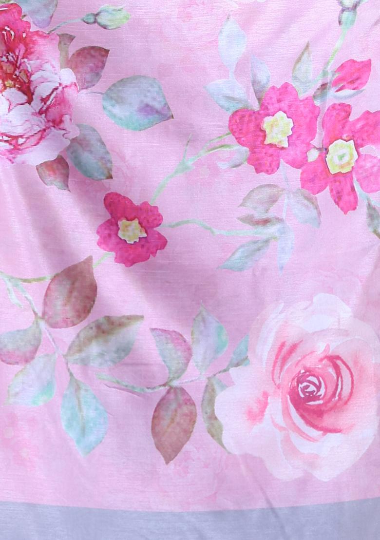 Pink Floral Print Soft Silk Saree Set