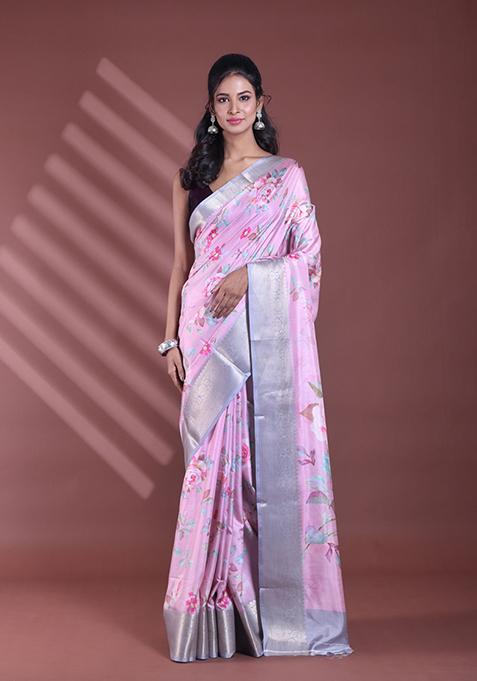 Pink Floral Print Soft Silk Saree Set