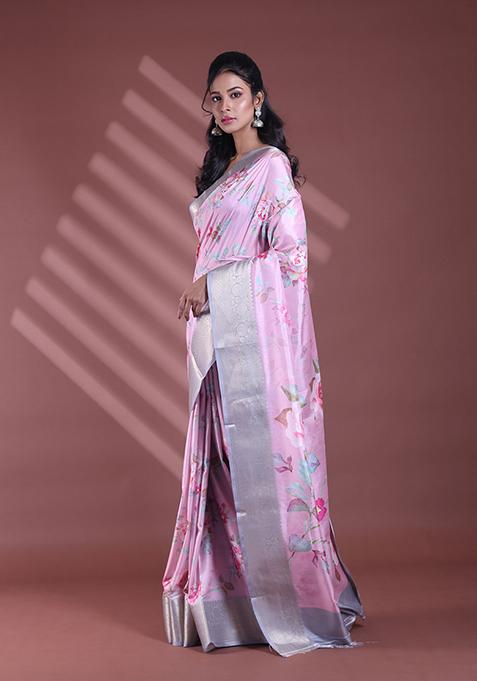 Pink Floral Print Soft Silk Saree Set