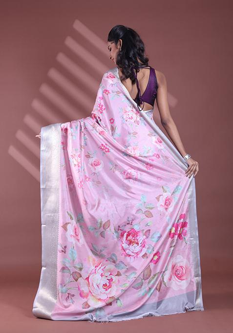 Pink Floral Print Soft Silk Saree Set