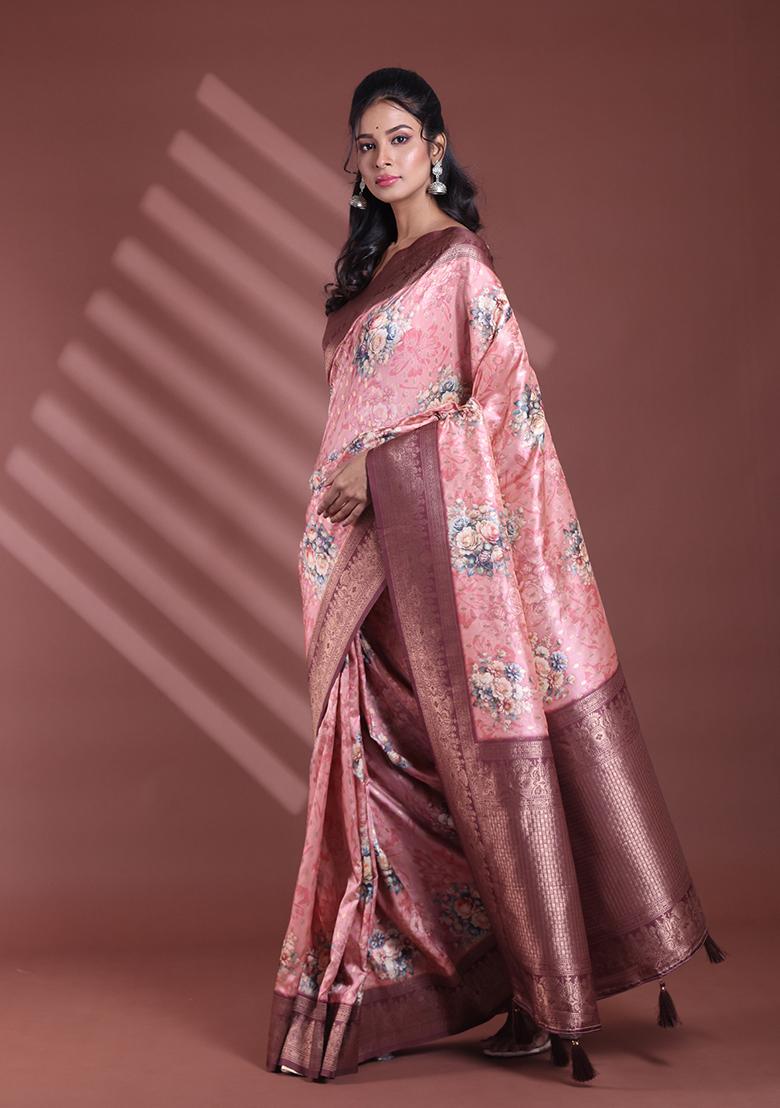 Peach Floral Print Soft Silk Saree Set