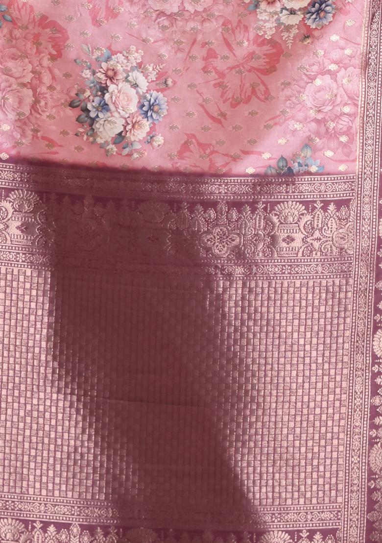 Peach Floral Print Soft Silk Saree Set