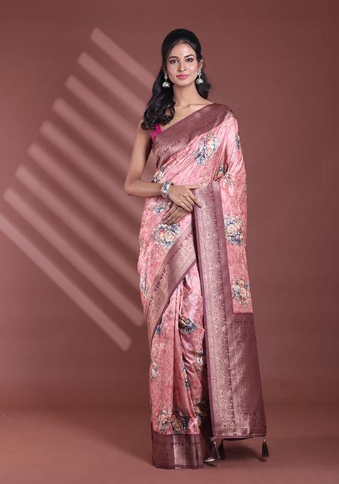 Peach Floral Print Soft Silk Saree Set