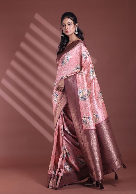 Peach Floral Print Soft Silk Saree Set