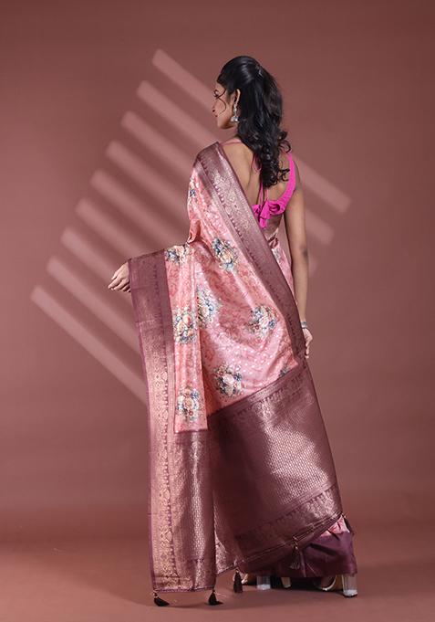 Peach Floral Print Soft Silk Saree Set