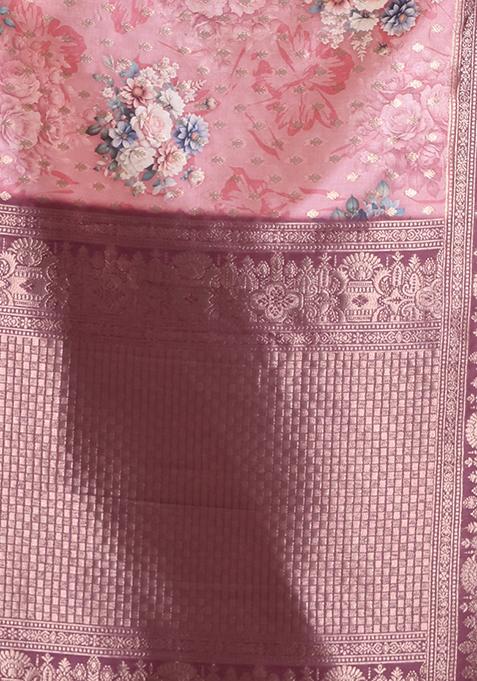 Peach Floral Print Soft Silk Saree Set