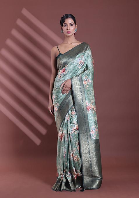 Pistachio Green Floral Print Soft Silk Saree Set