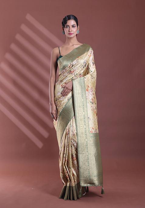 Yellow Floral Print Soft Silk Saree Set