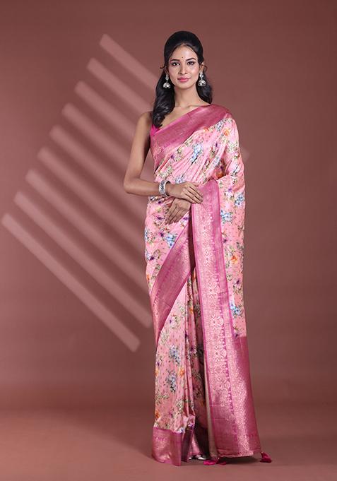Pink Floral Print Soft Silk Saree Set