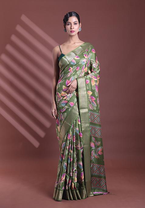 Green Foliage Print Soft Silk Saree Set