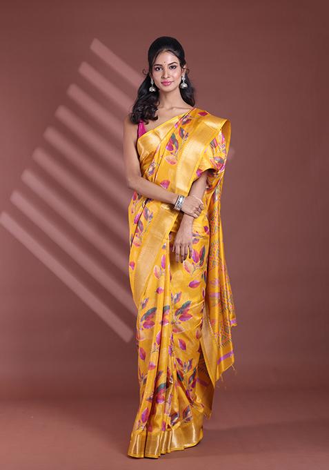 Yellow Foliage Print Soft Silk Saree Set