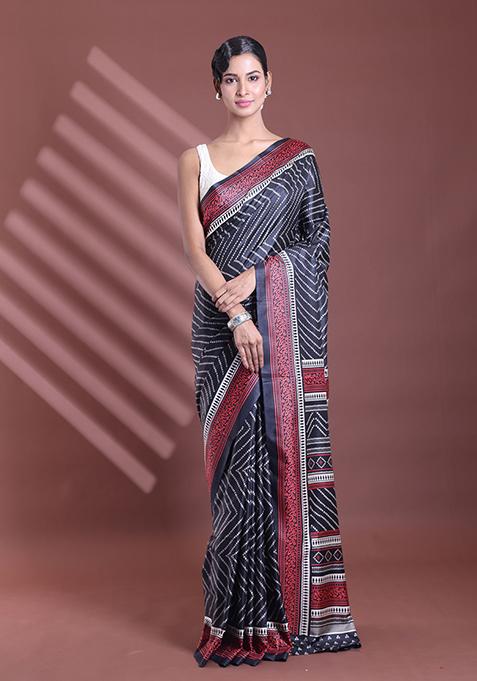 Black Bandhani Print Soft Silk Saree Set