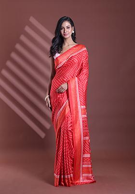 Red Bandhani Print Soft Silk Saree Set