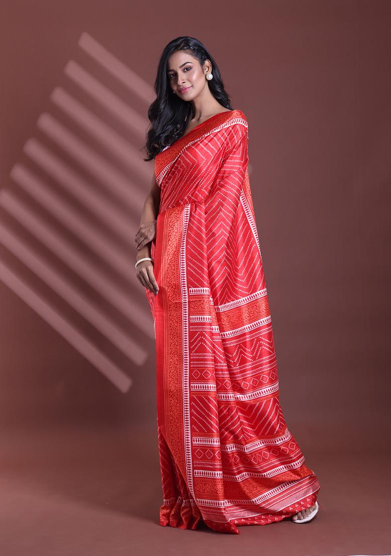 Red Bandhani Print Soft Silk Saree Set