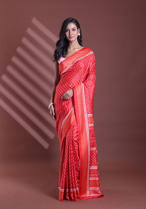 Red Bandhani Print Soft Silk Saree Set