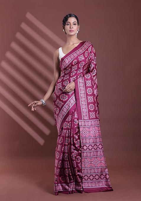 Burgundy Textured Soft Silk Saree Set