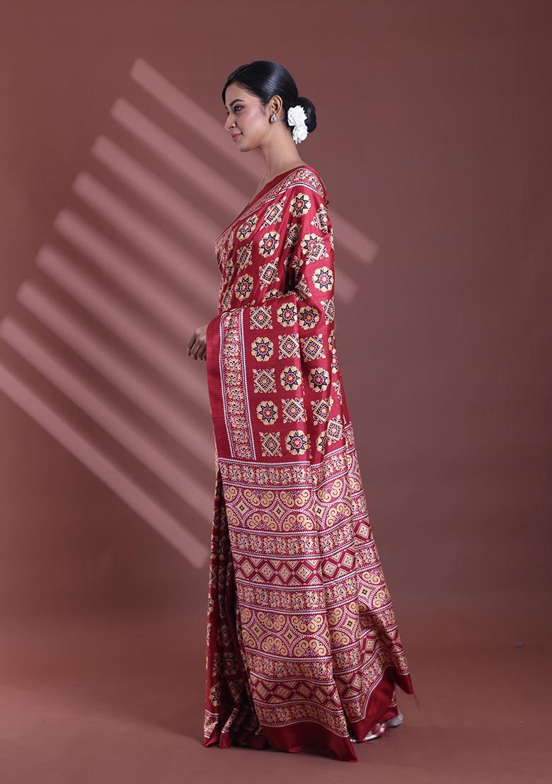 Dark Red Textured Soft Silk Saree Set