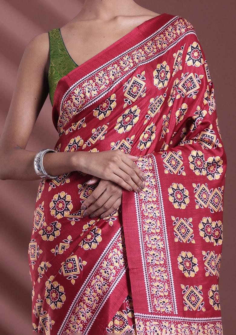 Dark Red Textured Soft Silk Saree Set