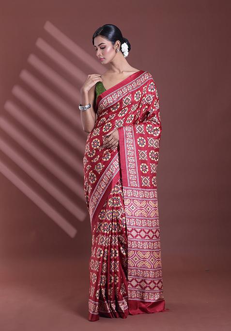 Dark Red Textured Soft Silk Saree Set