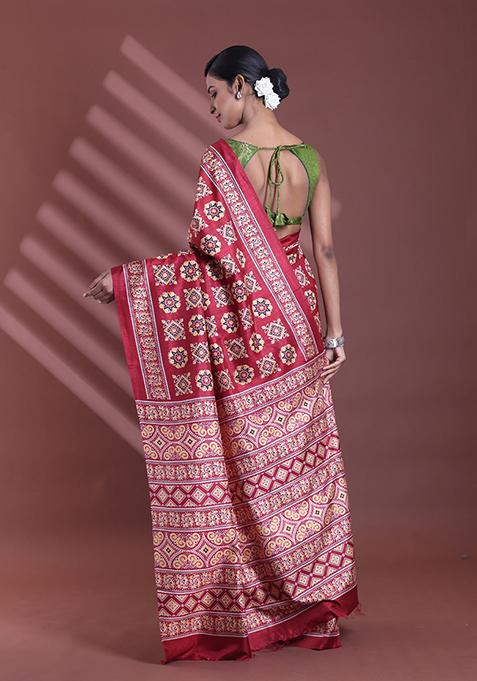 Dark Red Textured Soft Silk Saree Set