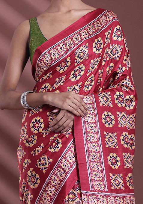 Dark Red Textured Soft Silk Saree Set