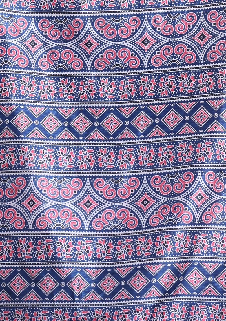 Dark Blue Textured Soft Silk Saree Set - Indya