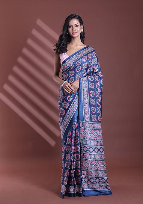 Dark Blue Textured Soft Silk Saree Set