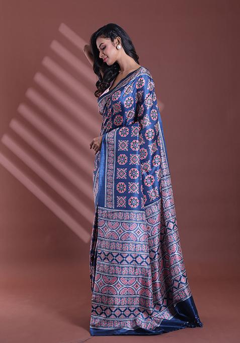 Dark Blue Textured Soft Silk Saree Set