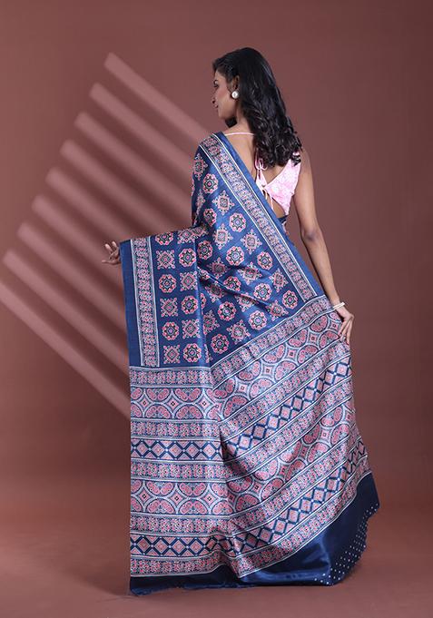 Dark Blue Textured Soft Silk Saree Set