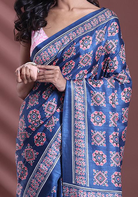 Dark Blue Textured Soft Silk Saree Set