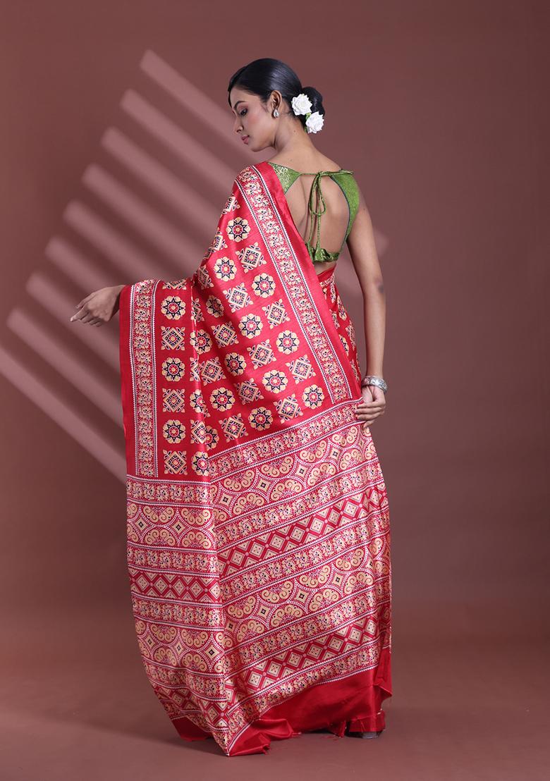 Red Textured Soft Silk Saree Set