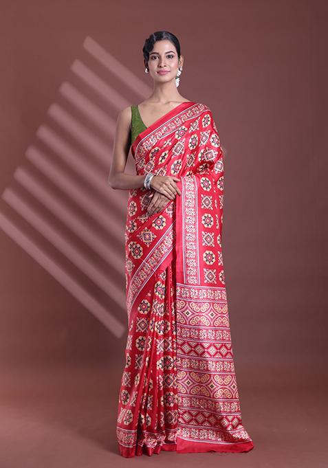 Red Textured Soft Silk Saree Set