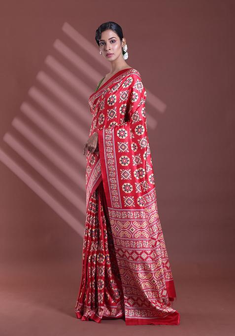 Red Textured Soft Silk Saree Set