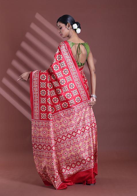 Red Textured Soft Silk Saree Set