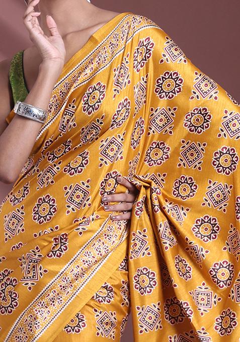 Mustard Textured Soft Silk Saree Set