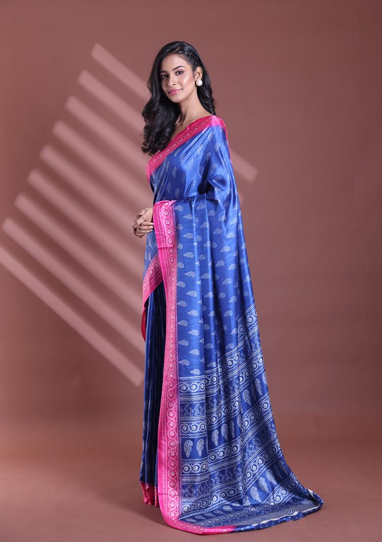 Blue Paisley Print Soft Silk Saree Set - Indya