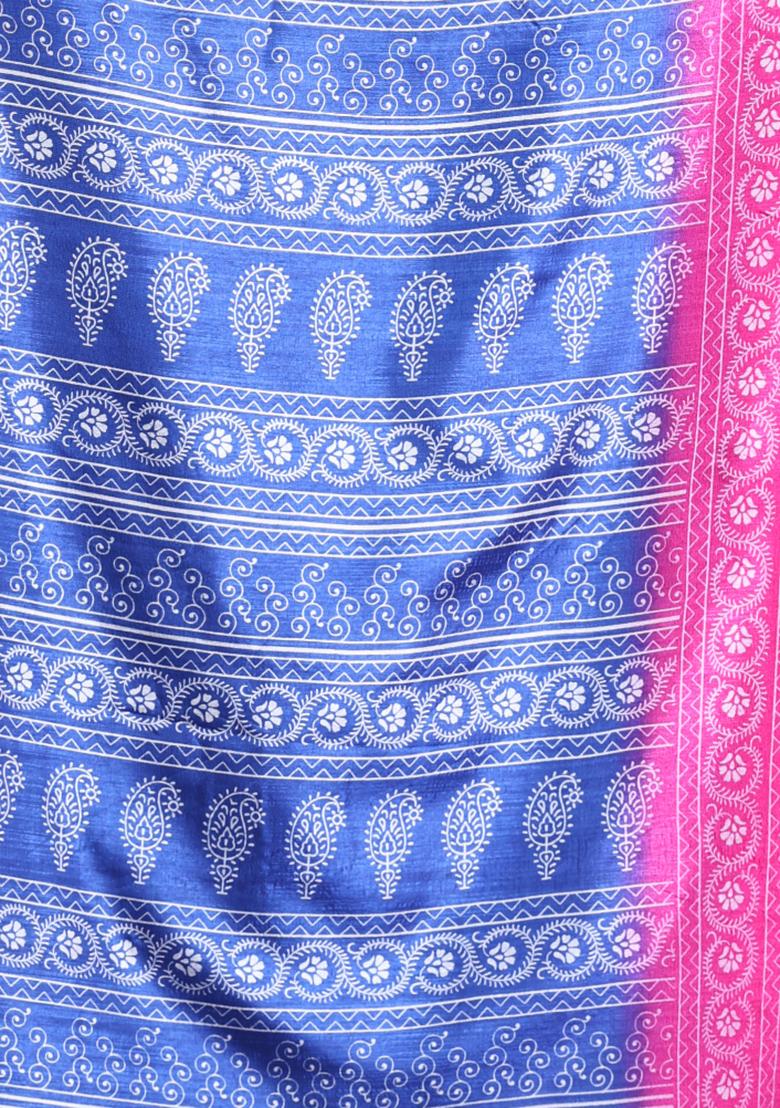 Blue Paisley Print Soft Silk Saree Set - Indya
