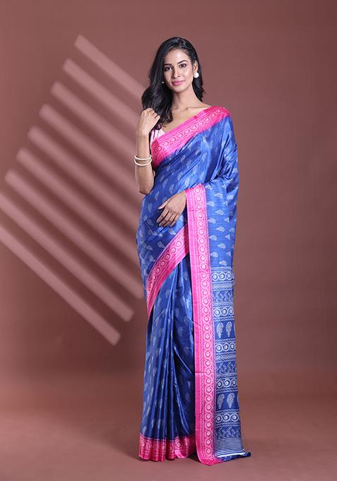 Blue Paisley Print Soft Silk Saree Set