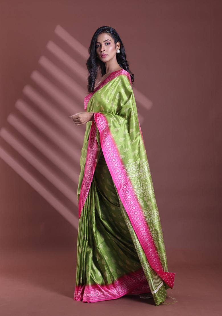 Green Paisley Print Soft Silk Saree Set
