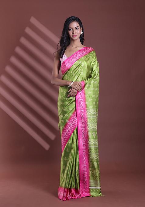 Green Paisley Print Soft Silk Saree Set