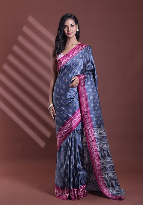 Grey Paisley Print Soft Silk Saree Set