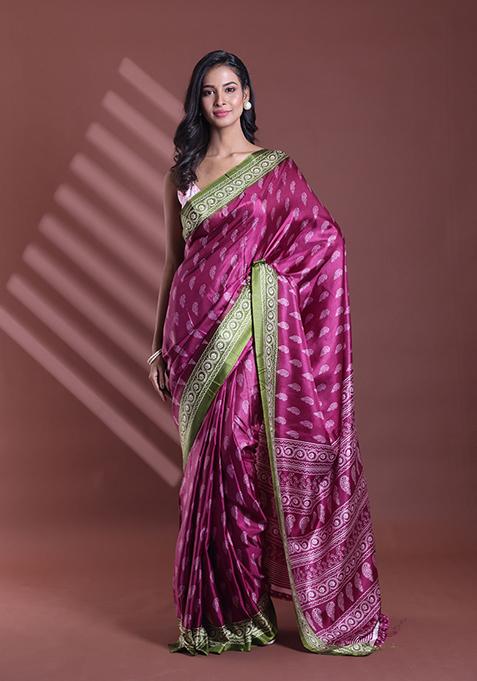 Burgundy Paisley Print Soft Silk Saree Set