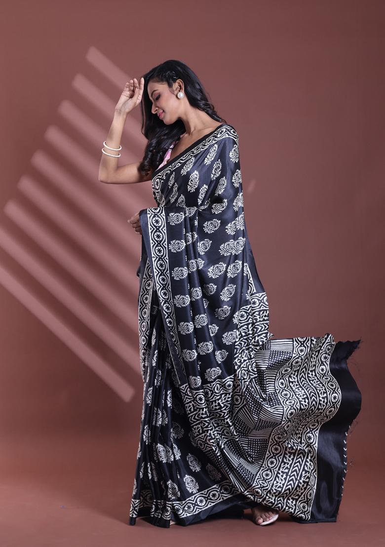 Black Paisley Print Soft Silk Saree Set - Indya