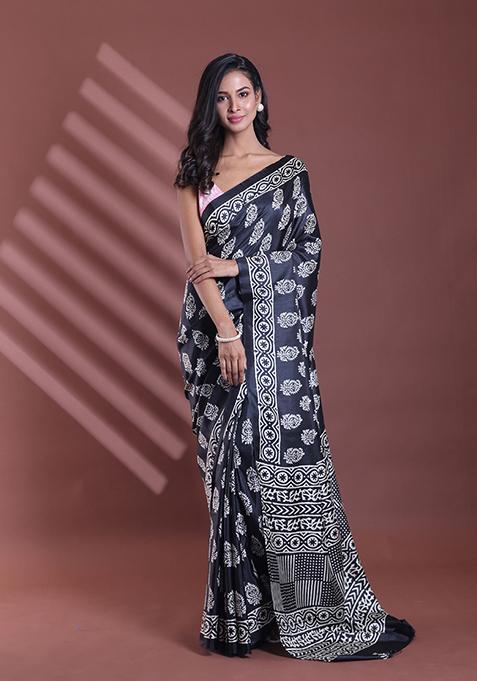 Black Paisley Print Soft Silk Saree Set