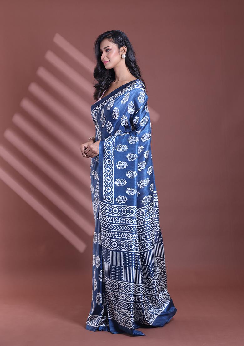 Blue Paisley Print Soft Silk Saree Set
