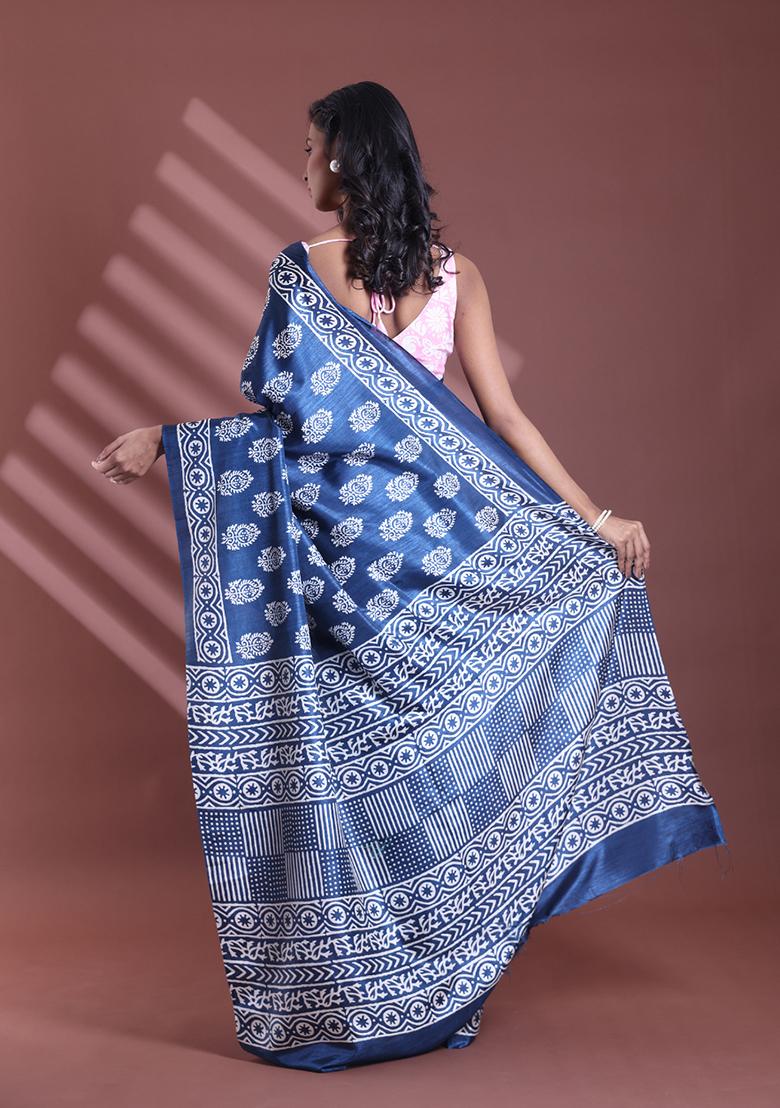 Blue Paisley Print Soft Silk Saree Set
