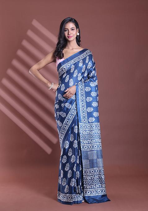 Blue Paisley Print Soft Silk Saree Set