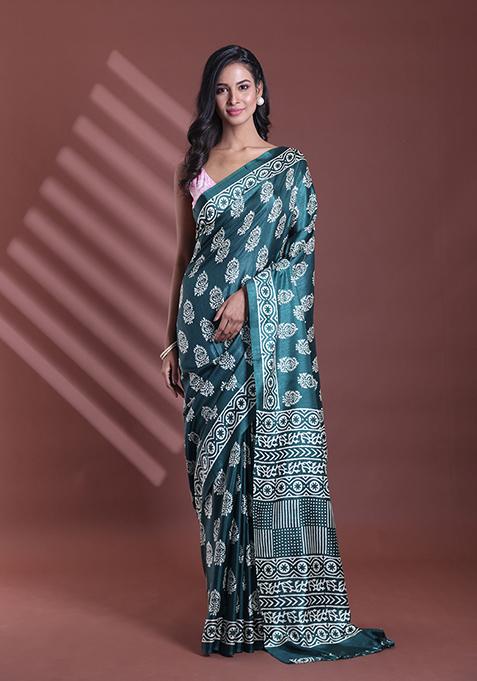 Green Paisley Print Soft Silk Saree Set