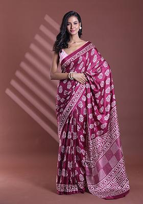 Dark Purple Paisley Print Soft Silk Saree Set
